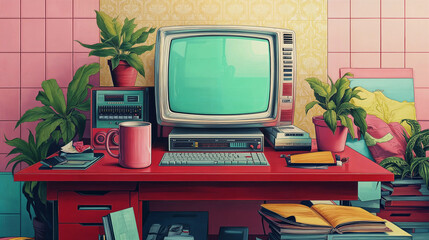 a vintage-style workspace with a red desk. The desk features a retro computer monitor, keyboard, and various office supplies, including a mug, a stack of books, and potted plants.