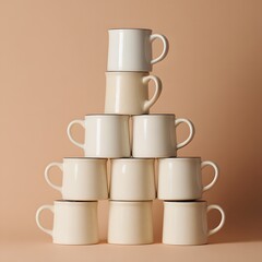 Stacked Mugs Arrangement Creating a Pyramid Shape Against a Plain Backdrop, Suggesting Homeware, Pottery, and Possibly a Kitchenware Display or Advertisement