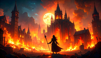 Burning Gothic City with Lone Figure.