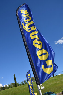 Scarperia, Italy - April 25th 2025: Goodyear flag in the paddock during the Ultimate Cup Series event at Mugello Circuit.