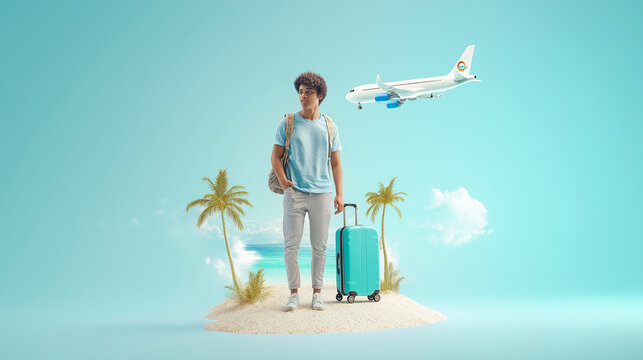 Mobile phone with blue background. From the phone screen comes asian man with suitcase bag and backpack standing on the beach and plane flying on the sky to the outside. Traveling concept 