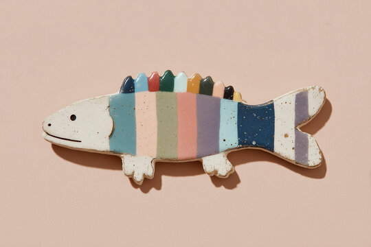 colorful chipped painted prehistoric fish decoration on pale background