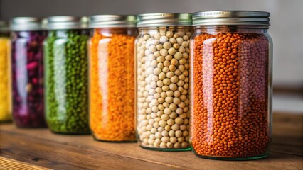 Colorful jars filled with various legumes and grains arranged neatly on a wooden surface.