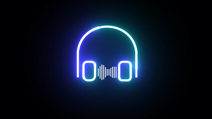 Glowing blue neon audio headphones icon with dynamic audio visual effects. sound wave visuals