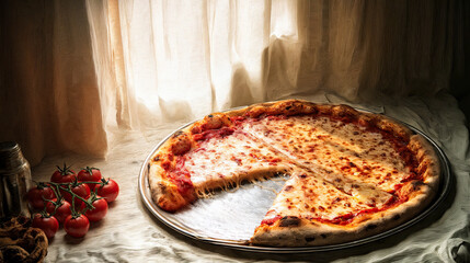 a large pizza on a metal pan with one slice missing, placed on a tablecloth. Next to the pizza, there is a small bunch of cherry tomatoes and a pepper shaker. The background features a window.