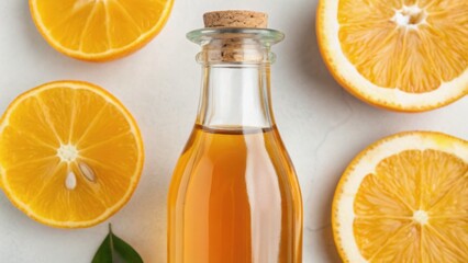 A glass bottle filled with orange juice surrounded by fresh orange slices and green leaves on a light surface.