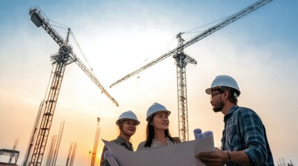 Three engineers looking at blueprints on a construction site with cranes