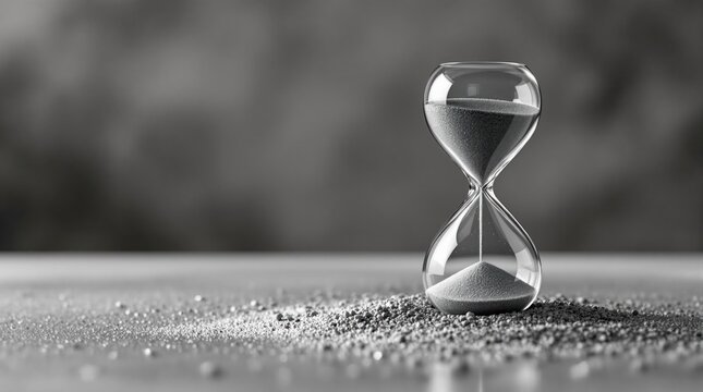 Hourglass Sand gradually falling, measuring time, in monochrome tones, soft background