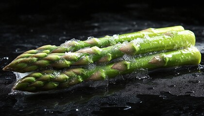 Closeup View Of Fresh Green Asparagus With Drops Of Water And Seasoning On Dark Background