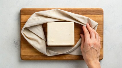 A hand adjusts a cloth around a block of tofu on a wooden cutting board, showcasing a preparation scene in a kitchen.