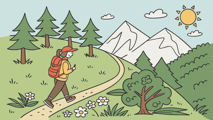 Cartoon Hiker Enjoying Scenic Mountain Trail in Nature