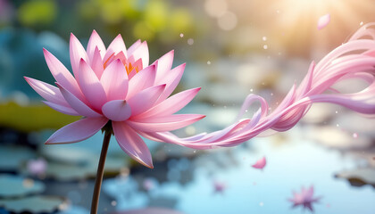 Beautiful Pink Lotus Blossom With Flowing Tendrils Located in a Serene Pond During Golden Hour Light Capturing Nature's Elegance