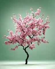 Enchanting Cherry Blossom Tree with Delicate Pink Flowers a Serene Still Life Against a Gentle Green Backdrop