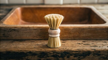A shaving brush stands in front of a rustic wooden sink, highlighting a vintage grooming theme.