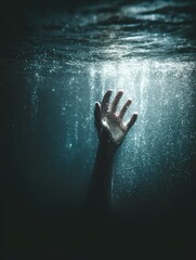 A desperate hand rises from the deep ocean, reaching for help. This poignant image captures the urgency and struggle of a drowning person fighting for survival.