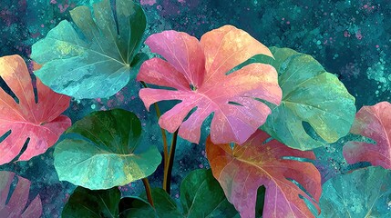 Lush tropical leaves watercolor texture in soft green and pink, organic pattern seamless repeat print design. Botanical foliage wallpaper background
