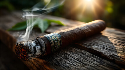Smoking cigar resting on rustic wooden floor bathed in afternoon sun