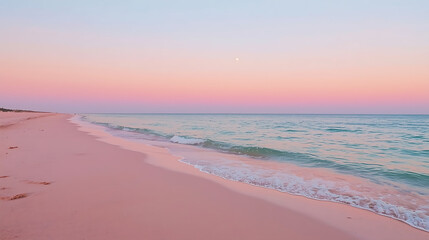 The image depicts a tranquil, pastel-colored beach scene with soft pink sand, gentle ocean waves, and a dreamy sky of pink, peach, and light blue hues at sunrise or sunset.