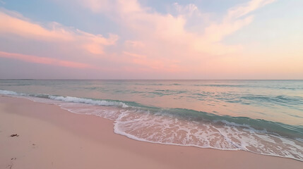 The image depicts a tranquil, pastel-colored beach scene with soft pink sand, gentle ocean waves, and a dreamy sky of pink, peach, and light blue hues at sunrise or sunset.