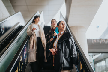 Three women ascending on an escalator, radiating confidence and style in a cityscape.