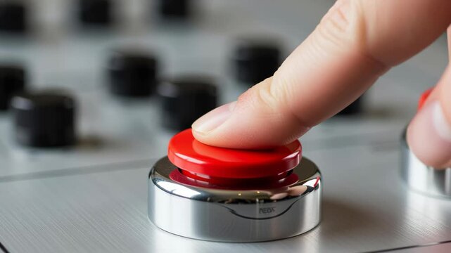 A finger presses a large red button on a control panel, symbolizing a critical decision, starting a process, taking immediate action, or launching a new project
