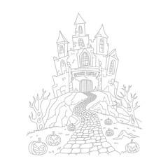 Naklejka premium Spooky castle on hill with winding path, turrets, bats, and 