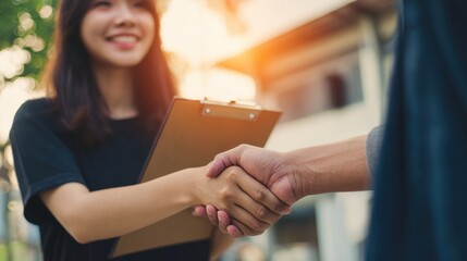 Two people shaking hands outdoors in front of a building during sunset