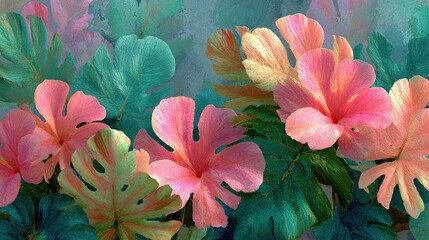 Lush tropical leaves watercolor texture in soft green and pink, organic pattern seamless repeat print design. Botanical foliage wallpaper background
