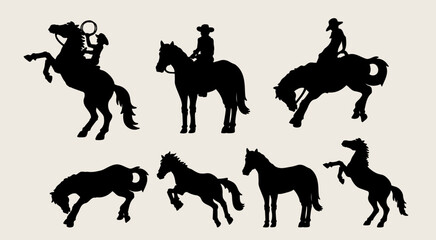 Silhouette vector set of cowboys and horses in western poses. Perfect for rodeo posters, t-shirts, vintage western designs, and country style branding.