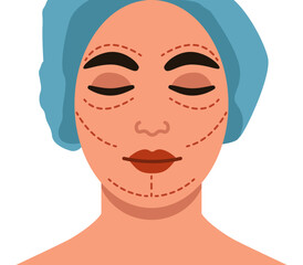 Flat female face with closed eyes and  incision lines with marker on her face