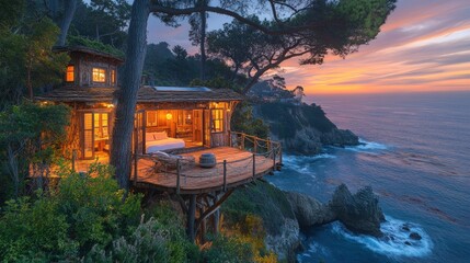 Coastal treehouse retreat offers panoramic ocean views at sunset, nestled amongst lush greenery