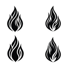 Set of four black flame silhouette icons. Stylized fire vector designs perfect for tattoos, decals, logos, prints, and graphic design projects.