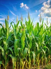 Obraz premium Mature corn stalks with vibrant green leaves and golden kernels standing tall in a lush field on a sunny day