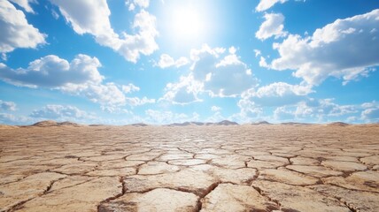 Dry Cracked Earth in Desert Landscape Under Sunny Sky dry desert landscape sky cracked earth drought