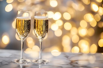 champagne sparkling wine celebration on new year holiday party with festive bokeh lights bubbles toast luxury elegant golden moments together