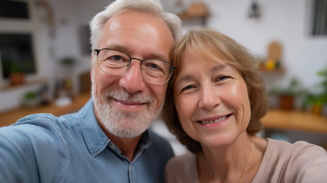 Elderly couple taking a selfie in a cozy kitchen at home