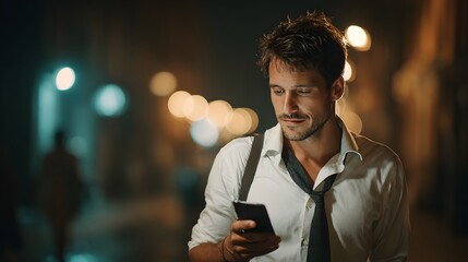 Intriguing Man in City Night Using Mobile Phone A Moment of Connection and Reflection in an Urban Landscape