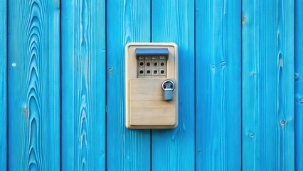 Combination lockbox mounted on a blue wooden wall for safe key storage at a properties entrance