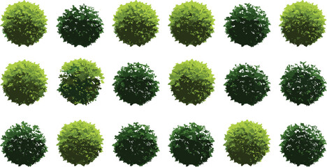 Realistic green bush collection, top-down foliage icons for game design, landscaping elements, nature assets, vector shrub set illustration
