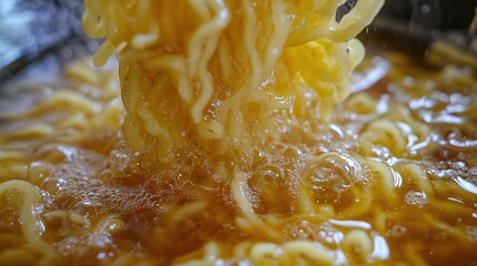 Closeup View Of Steaming Noodles In Golden Broth