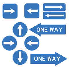 Blue One Way Sign Set Mandatory Direction Arrow Signs for Roads and Safety Vector