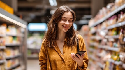 Woman in a grocery store aisle looking at her phone