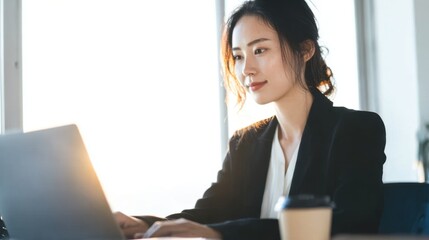 Woman in business attire working on a laptop near a window with sunlight