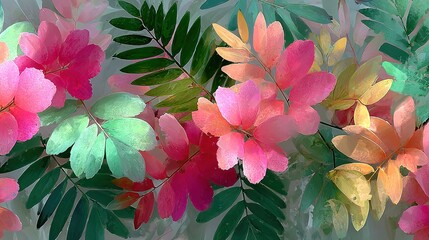 Lush tropical leaves watercolor texture in soft green and pink, organic pattern seamless repeat print design. Botanical foliage wallpaper background