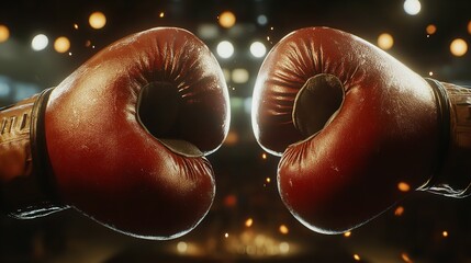 Boxing gloves red leather close up fight night championship boxing match professional sport competition silhouette
