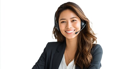 Smiling Asian Woman Telemarketer Wearing Headset and Blazer in Front of a White Background Ready to Help Customers