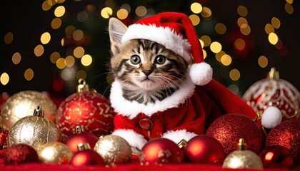 Kitten in Santa costume, surrounded by Christmas ornaments