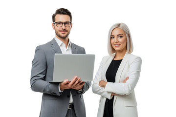 business man and women with laptop isolated on white 