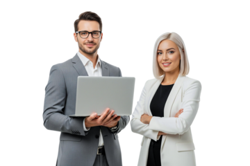 business man and women with laptop isolated on white 