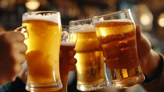 Slow motion footage of happy people having fun together while drinking beer and clinking glasses in a pub.